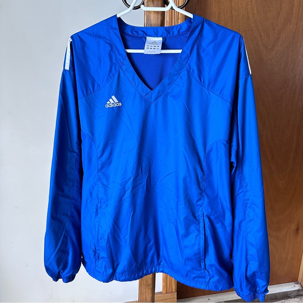 Adidas Blue Pullover Windbreaker Jacket with White Stripes